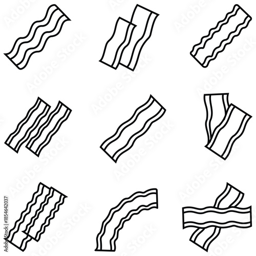 Set of hand drawn bacon strip icons in minimalist black and white line art vector style