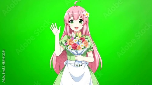 Anime girl with pink hair holding a bouquet of flowers on green screen.