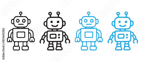 Set of cute robot icons in outline style, black and blue.