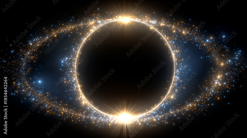 Fototapeta premium Glowing energy ring isolated on black background, featuring a clean circular halo with bright sparkling particles, evoking cosmic, futuristic, and mystical visual elements for digital design.