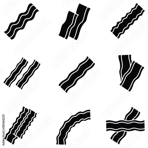 Set of hand drawn bacon strip icons in minimalist black and white line art vector style