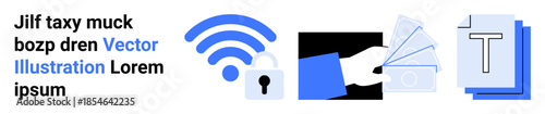 Cybersecurity, wireless networks, online payments, data privacy, file sharing, and digital communication. Icons include a wireless symbol, lock hand with card and documents. Cybersecurity