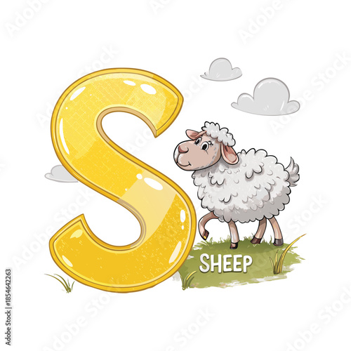 Fluffy Sheep Illustration with Letter S Alphabet