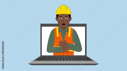 Opening Laptop With Black Male Construction Worker Animation Video 4K suitable for your project needs