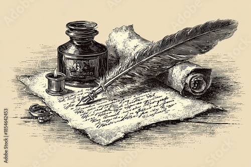 Vintage Inkwell Feather Pen and Scroll on Textured Paper Depicting Retro Writing Tools