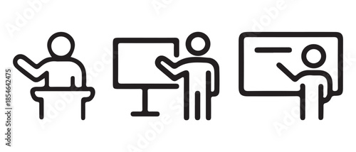 Presentation and teaching icons set isolated on white background.