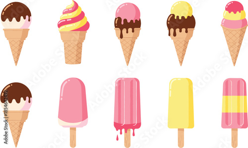  Large collection of colorful ice cream cones and fruit popsicles set, summer frozen dessert variety for cafe menu design flat vector illustration isolated..