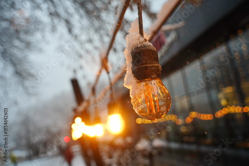 A frozen, burnt-out light bulb. Street lighting. Snowfall.