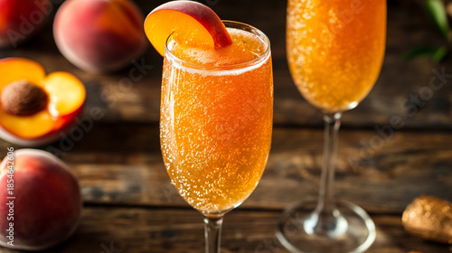 Refreshing peach bellini cocktail served in a champagne flute, featuring a soft peach hue, sparkling bubbles, and elegant presentation for celebratory moments.
