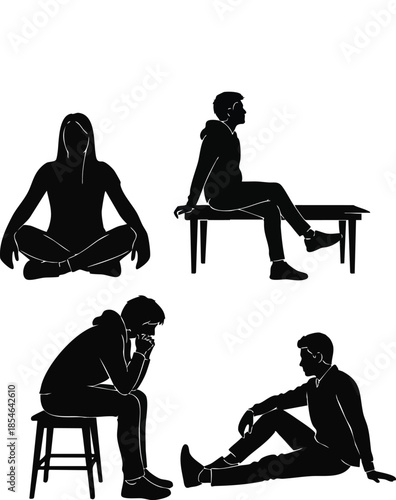 Black silhouettes of women in lotus yoga poses for zen wellness and meditation