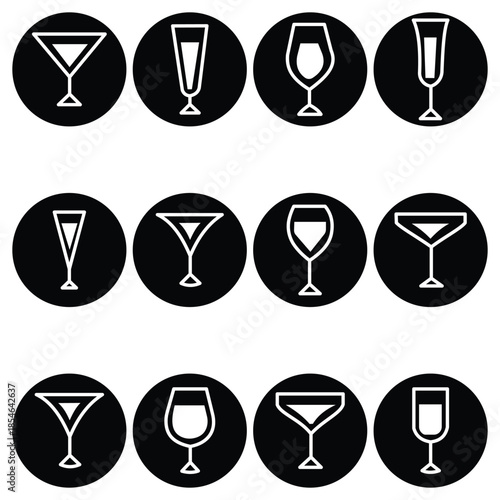 Elegant glassware icon collection featuring champagne flutes with bubbles and celebration symbols in solid silhouette style