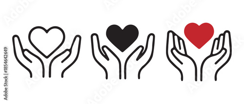 Hands holding heart icon set isolated on white background.