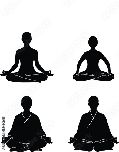 Black silhouettes of women in lotus yoga poses for zen wellness and meditation
