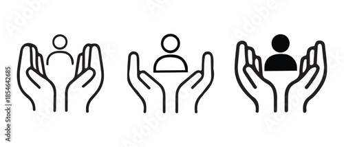 Variations of hands protecting a person icon isolated on white background.