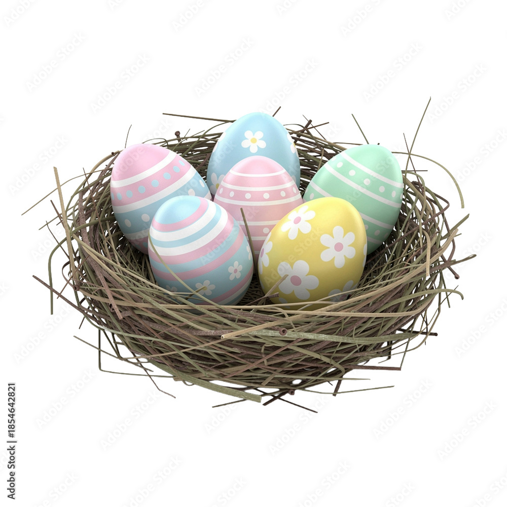 Obraz premium Painted easter eggs in nest on white background.