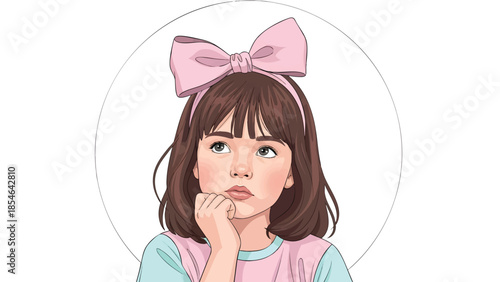 Cute Little Girl Looking Up Thoughtfully with Pink Bow