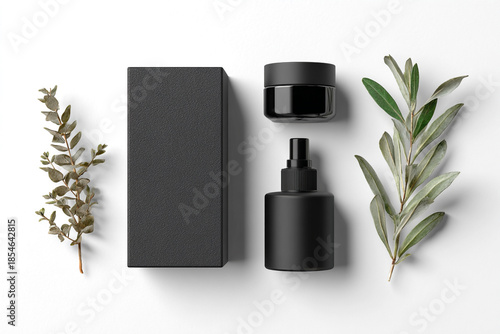 Elegant black skincare products with green leaves on white background