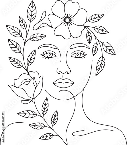 Floral Woman Face Line Art Botanical Portrait