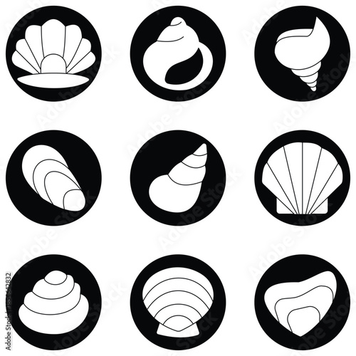 Vector collection of seashell icons featuring conch, scallop, clam, and oyster shells in outline and solid silhouette style