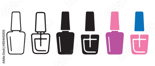 Set of nail polish bottle icons in various styles isolated on white background.