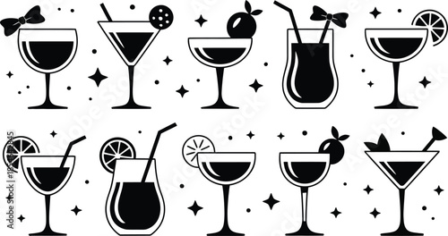 Collection of various cocktail glass icons and vector graphics for beverage and party themes