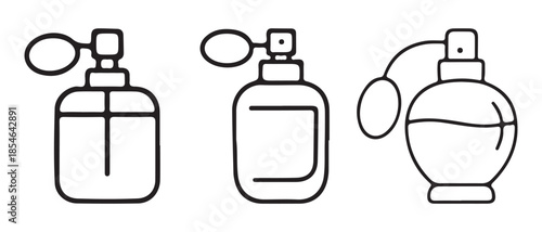Set of outline perfume bottle icons isolated on white background.
