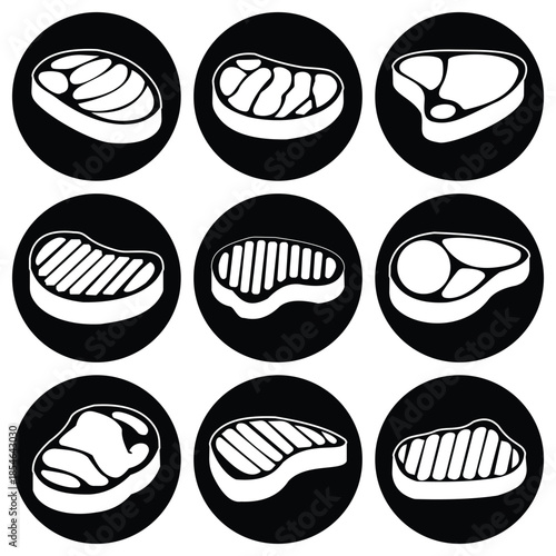 Vector set of various raw meat steak cuts and grill marks in minimalist black silhouette and outline style