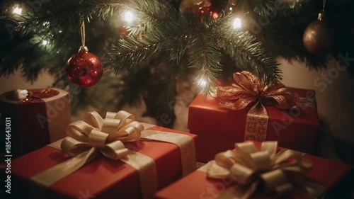 Beautiful Wrapped Christmas Gifts Under Festive Tree Lights
