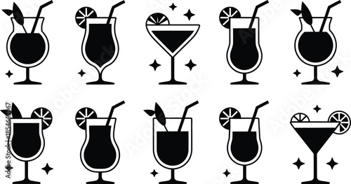 Stylized vector silhouettes of assorted cocktail glasses, featuring various alcoholic and non-alcoholic drinks with garnishes, ideal for bar menus and beverage designs