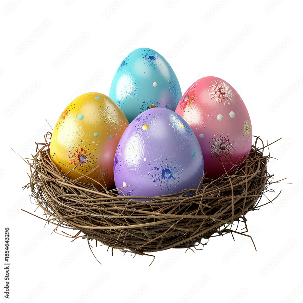 Obraz premium Painted easter eggs in nest on white background.