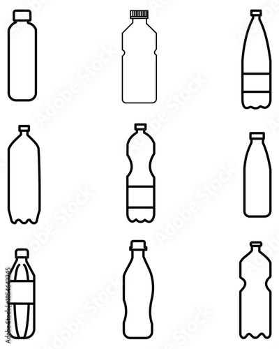 Vector set of plastic water bottle icons in flat and line style with editable stroke for mineral water branding