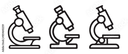 Black outline microscopes icons isolated on white background.