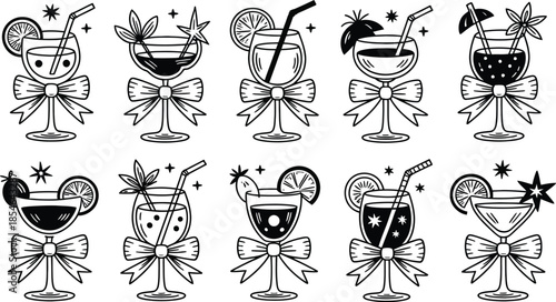 Collection of Vector Illustrations of Various Cocktails Decorated with Bows and Straws, Perfect for Party and Celebration Themes