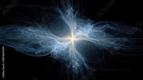 Abstract Digital Composition of Glowing Blue Particles and Golden Light Against a Dark Black Background