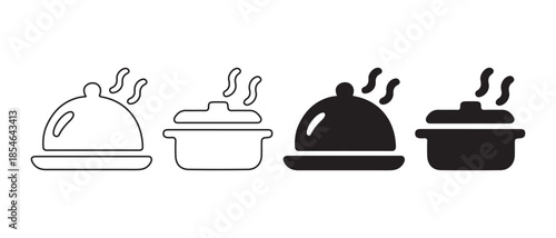 Hot food serving cloche and pot icons, steaming, isolated on white background.