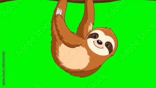 Cute sloth hanging from a branch on a green screen background.