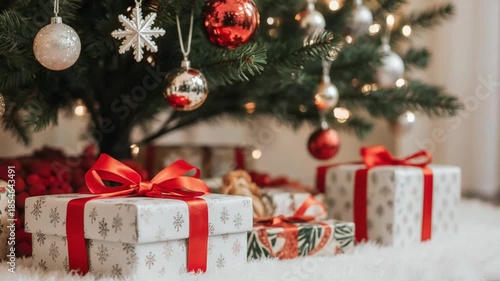 Beautiful Wrapped Christmas Gifts Under Festive Tree Lights