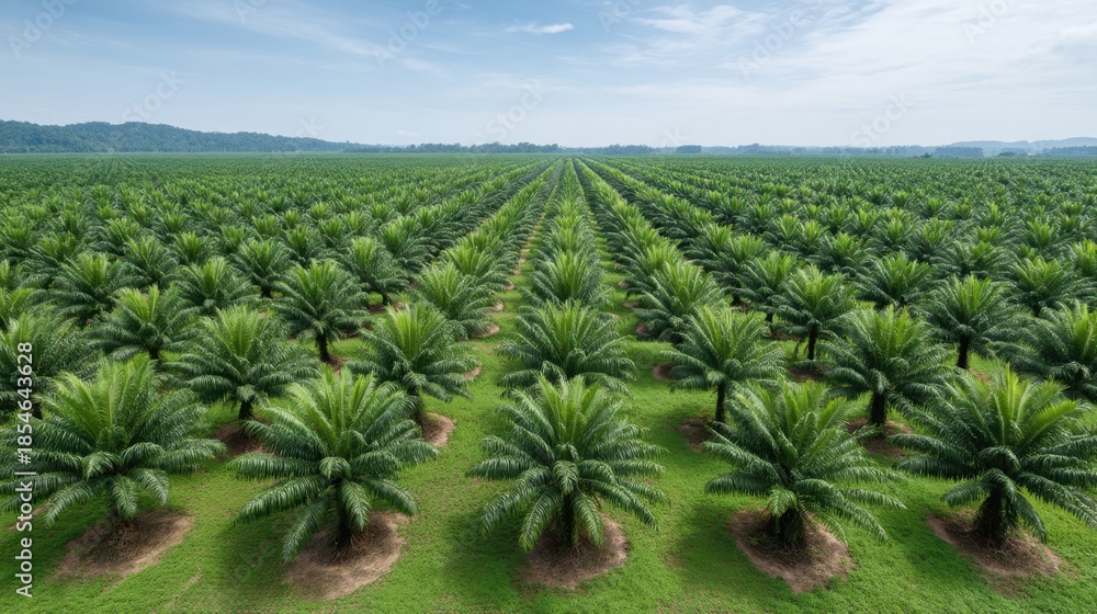 Fototapeta premium Lush Green Palm Oil Plantation with Rows of Palm Trees Under Blue Sky and Wispy Clouds in the Scenic Countryside