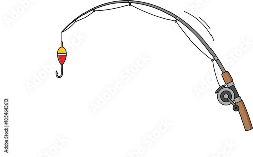 Fishing rod with reel and bobber hook on bent line, outdoor sport equipment for hobbyist fisherman flat vector illustration isolated on white..