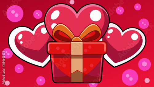 Festive Holiday Concept Featuring Gift Box and Decorative Hearts on a Vibrant Red Background