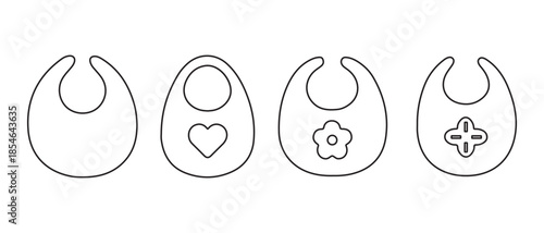 Set of baby bib outlines with various designs isolated on white background.