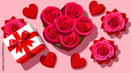 Romantic Composition of Red Roses and Elegant Gift Boxes for Valentine's Day Celebration