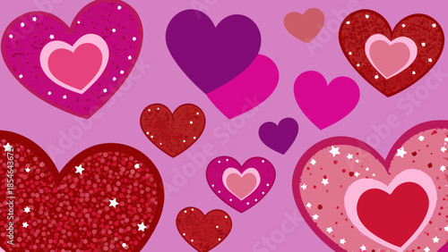 Valentine's Day Creative Background with Layered Paper Hearts and Sparkling Glitter Texture