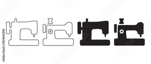 Sewing machine icons in outline and solid styles, isolated on white background.