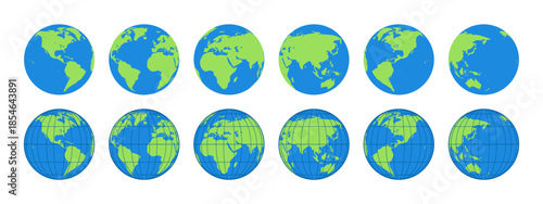 Earth Globe Vector Set – Blue and Green Planet Collection, Flat World Map Illustration, Cute Cartoon Earth Icons, Education, Global Geography, Environment and Ecology Concept.