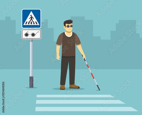 Pedestrian safety. Visually impaired male character standing beside "blind pedestrian crossing" sign. Front view. Flat vector illustration template.