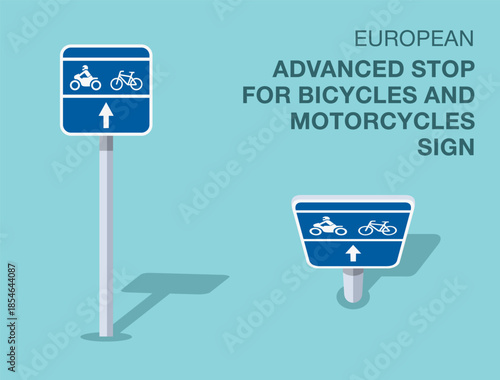Traffic regulation rules. Isolated european "advanced stop for bicycles and motorcycles" road sign. Front and top view. Flat vector illustration template.