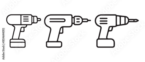 Set of cordless drill outline icons isolated on white background.