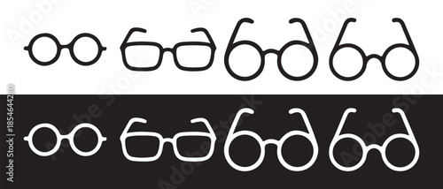 Collection of minimalist line art eyeglasses icons showcasing various frame styles in black and white.