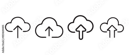 Set of four minimalist line icons depicting cloud upload symbols for data transfer.
